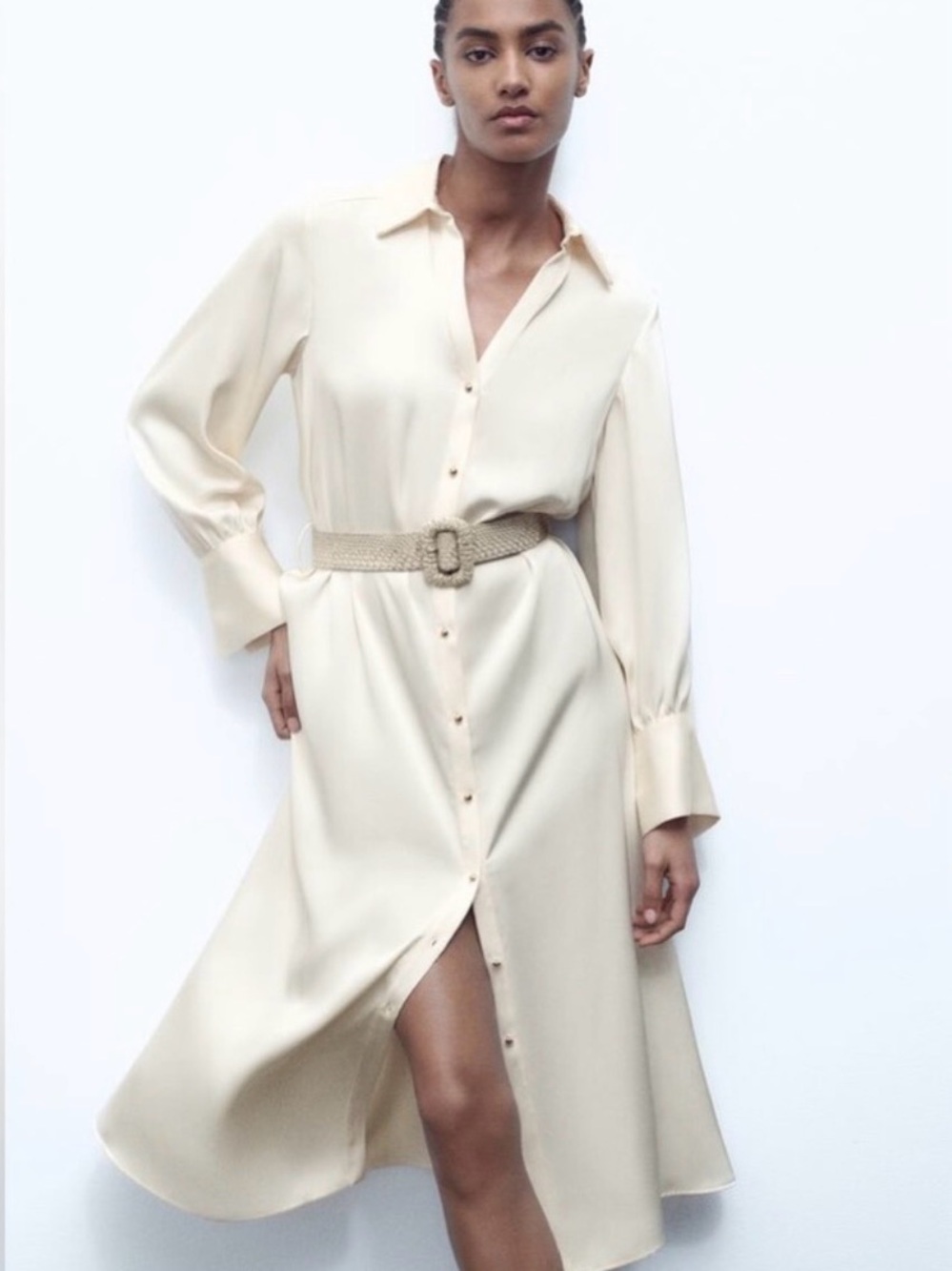 Zara Cream Button-Front Satin Shirt Dress
